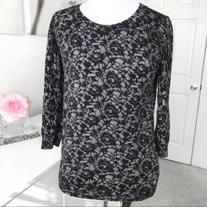 Talbots Lace Printed 3/4 Sleeve Sweater Women’s Size Small Gray Black Cotton